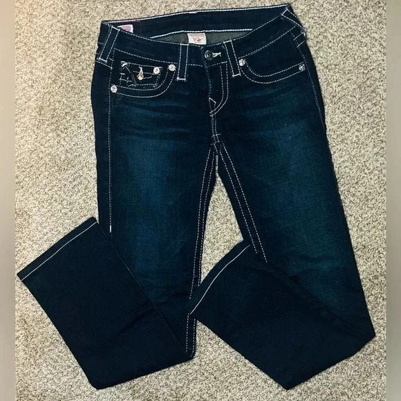 True Religion Denim - True Religion Womens Billy Big T Jeans Sz 25 Dark Blue Wash white stitch flap